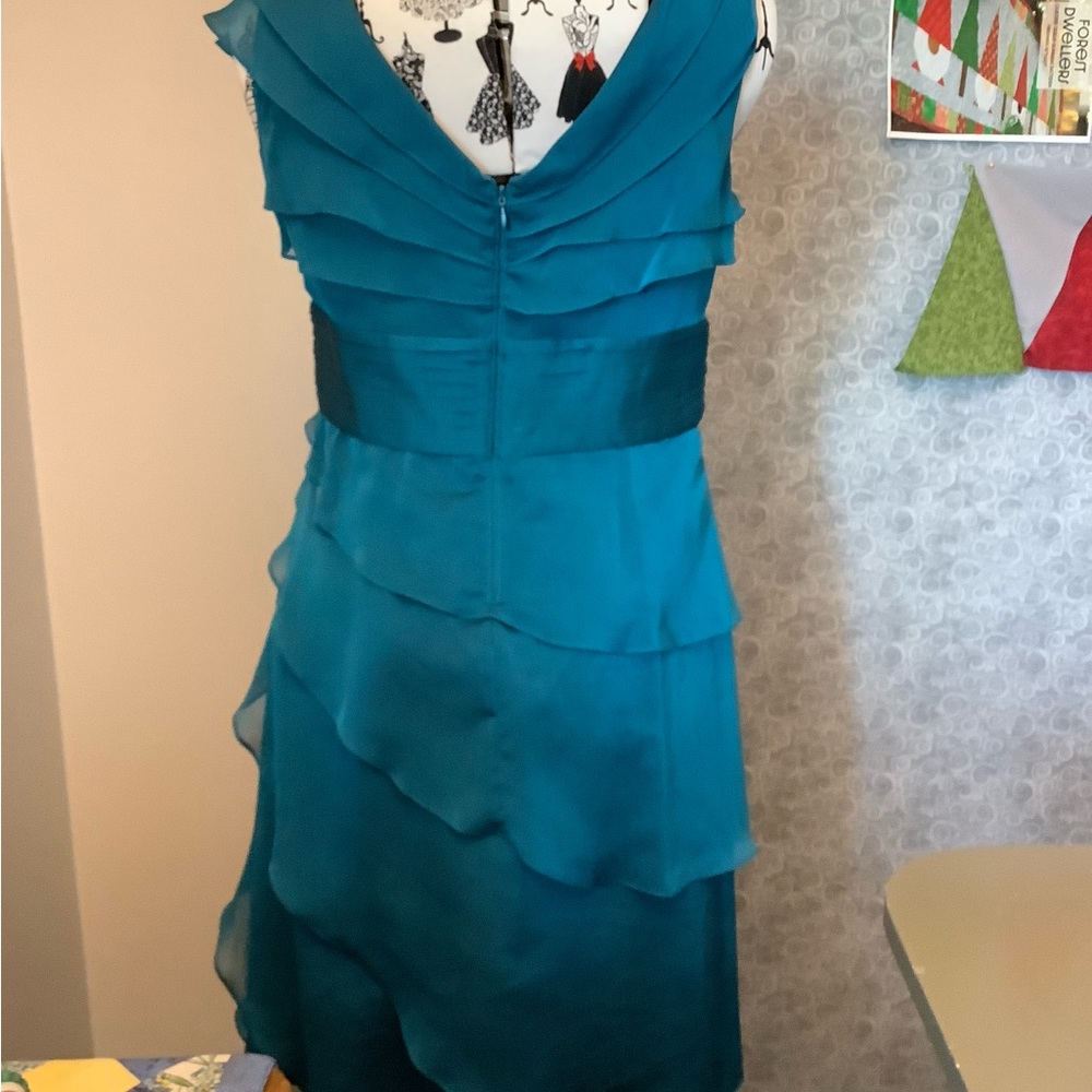 Beautiful teal Adrienne Pappell wedding guest dress